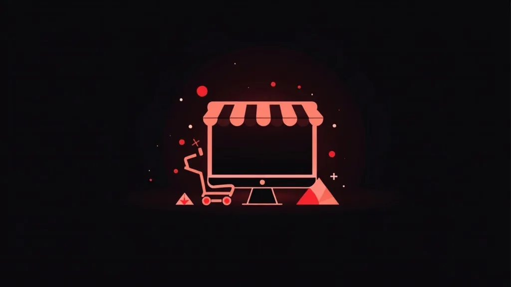 Ilustracija online prodavnice sa računarom i simbolima e-commerce brendinga i digitalnog poslovanja