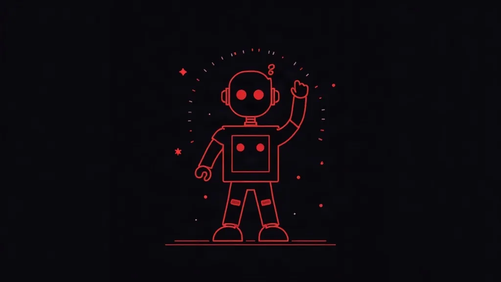 Crveni neonski robot sa podiznutom rukom na crnoj pozadini - ilustracija AI chatbot-a
