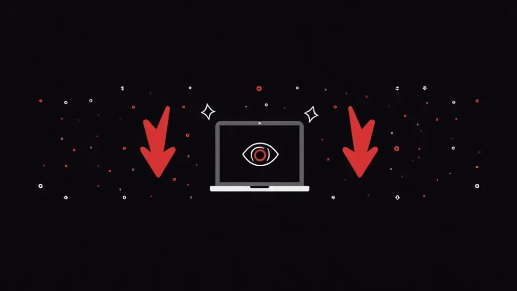 Laptop sa okom i crvenim strelicama koje pokazuju na njega - ilustracija za digitalni marketing i praćenje podataka
