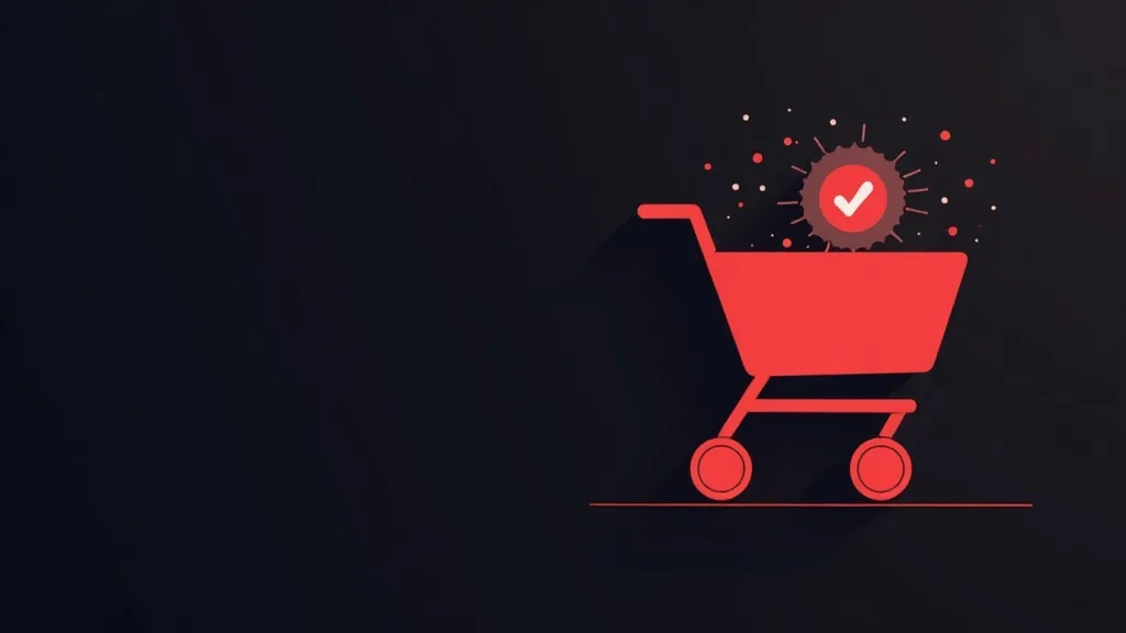Crvena kupovna kola sa germenom i simbolom provere - ilustracija sigurnosti e-commerce sistema