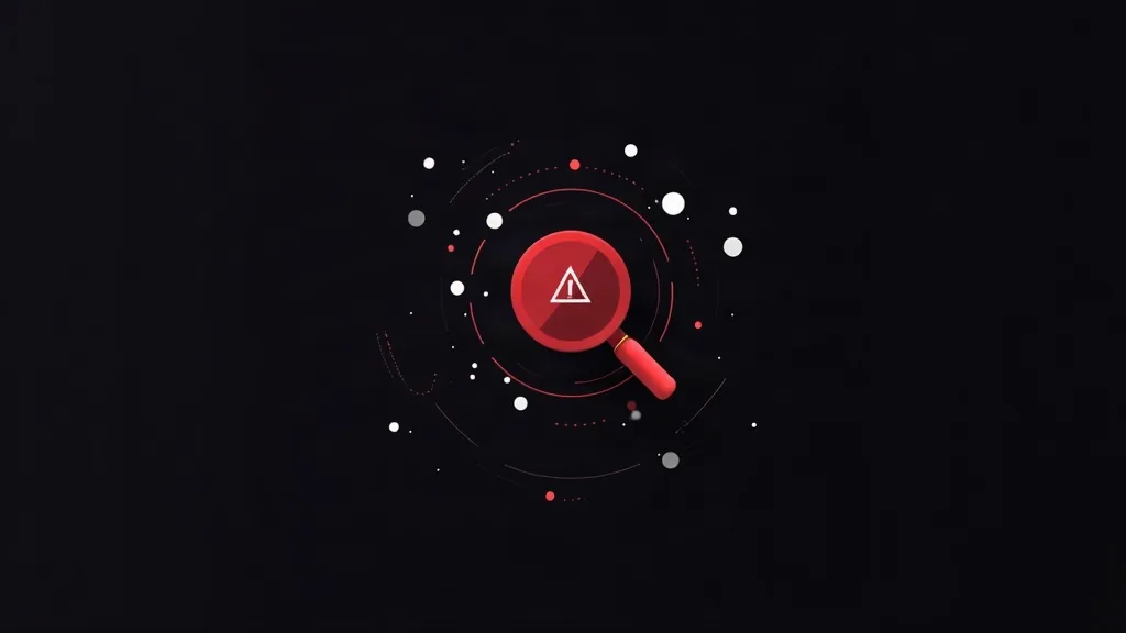 Magnifying glass sa warning znakom i mrežom čvorova - ilustracija AI pretrage i bezbednosti