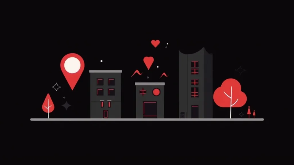 Ilustracija grada sa zgradama,Pin lokacijom i srcem - Google Business profil za lokalne biznise