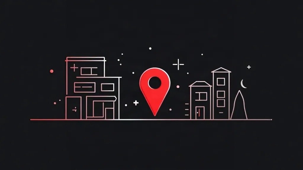 Lokalna SEO mapa - crvena lokacijska oznaka između kuća i poslovnih objekata za Google Maps rangiranje
