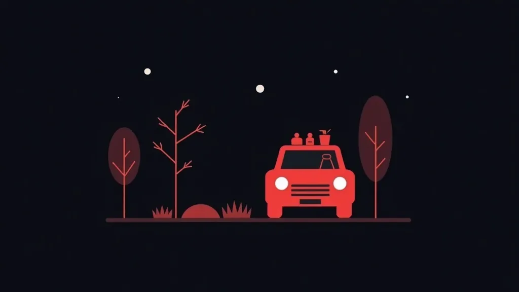 Crveni automobil sa putnicima vozi noću kroz prirodu sa stablima - ilustracija lokalne dostave i usluga