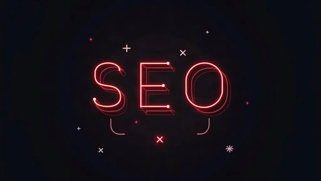 Neonski natpis SEO sa simbolima na crnoj pozadini, ilustracija za AI pretrage
