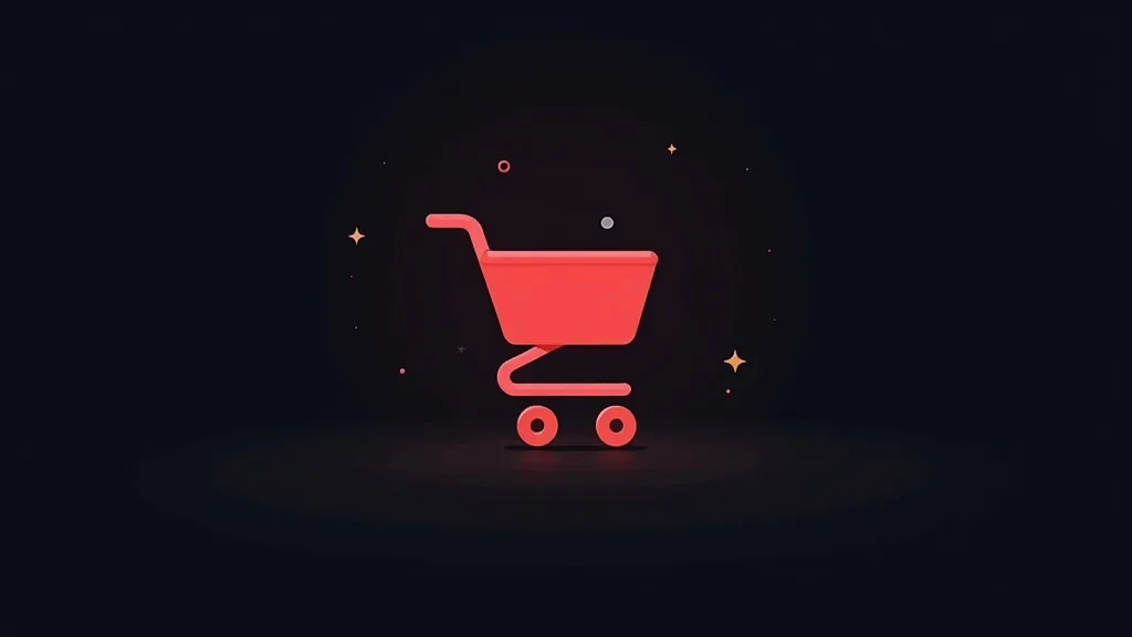 Crvena ikona Shopping Cart-a sa zvezdama na tamnoj pozadini, simbolizuje online prodavnicu i e-commerce.