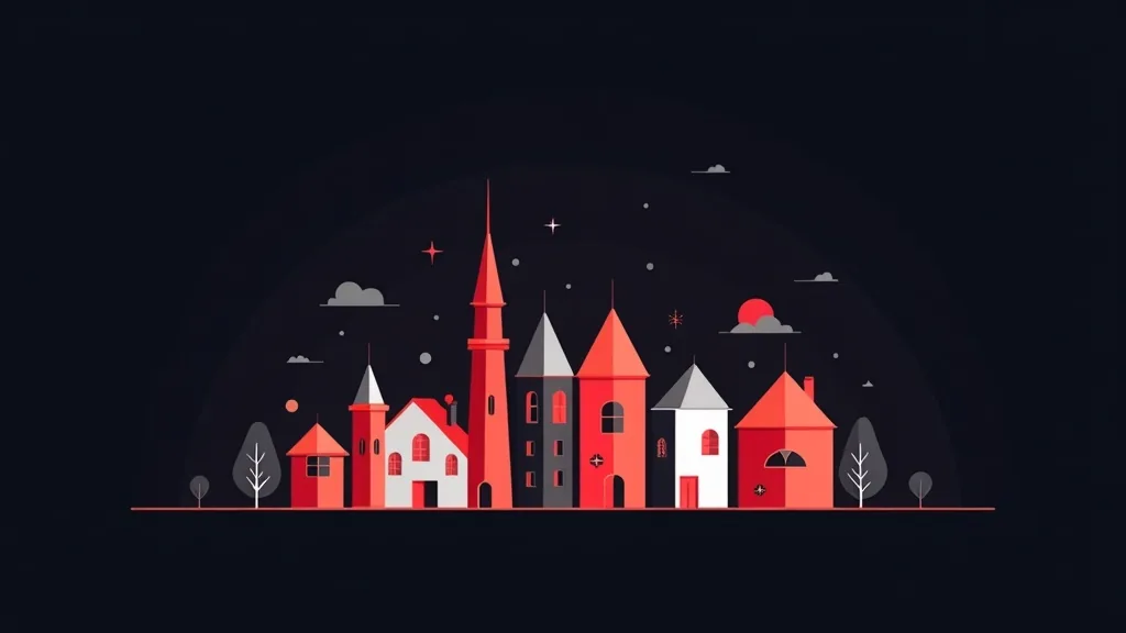 Ilustracija crvenog srednjovjekovnog grada sa tornjevima i kućama na tamnoj pozadini za SEO optimizaciju malih gradova