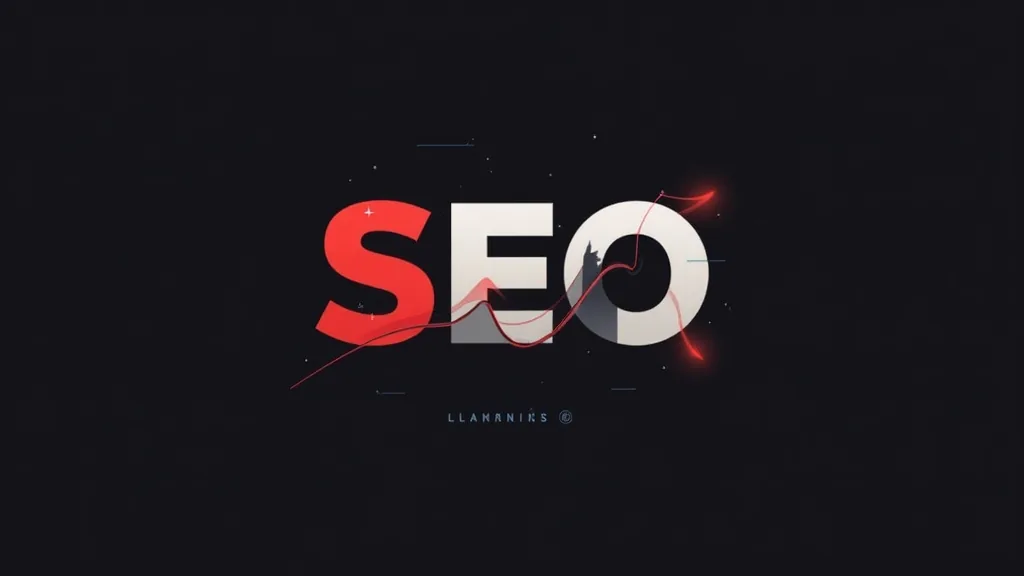 SEO optimizacija - grafički prikaz sa crvenim i belim slovima, simbolom анализе i svetlosnim efektima na crnoj pozadini