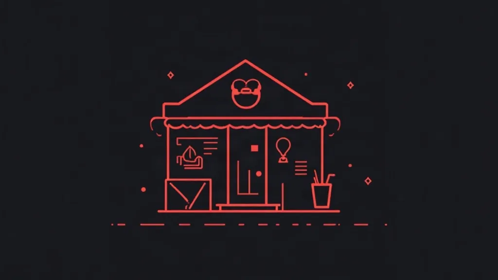 Ikonička ilustracija malog poslovanja - frizerskog salona i restorana sa neon linijama na tamnoj pozadini