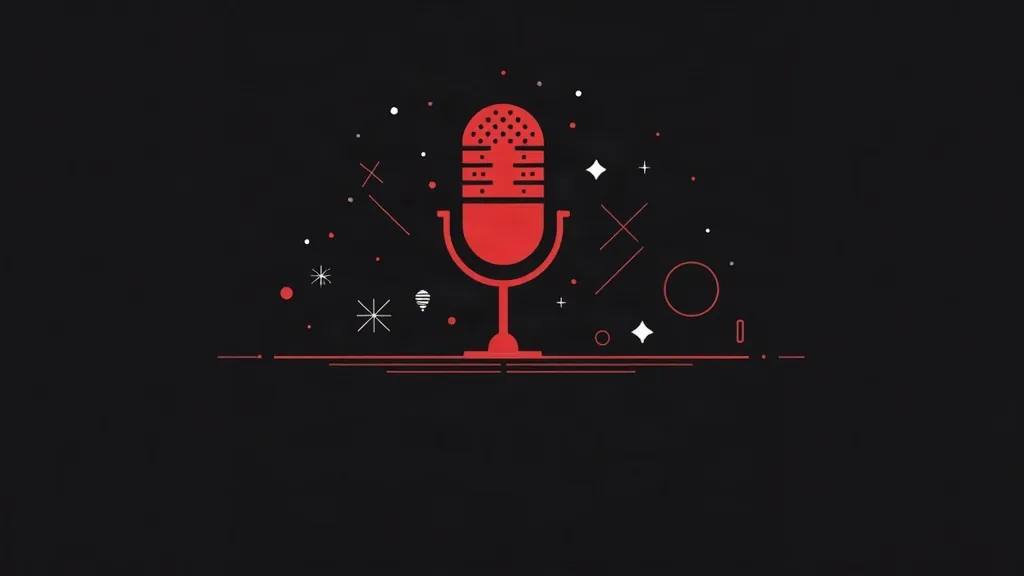 Crveni mikrofon sa simbolima za voice search optimizaciju na crnoj pozadini