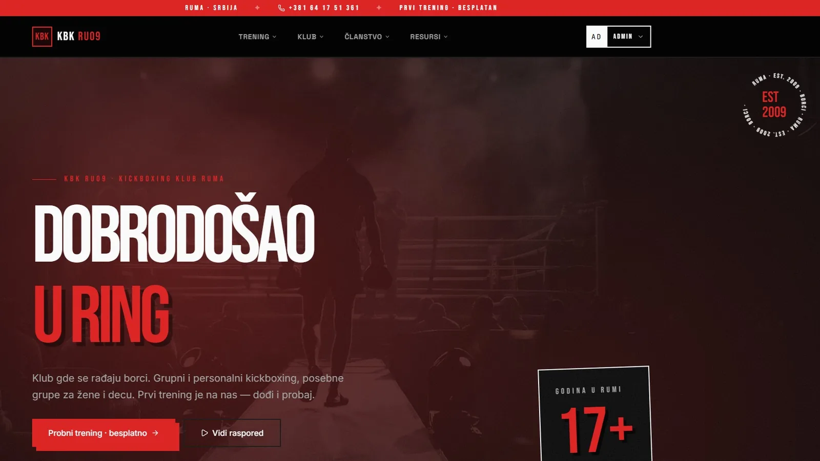 KBK RU09 — Moderni web sajt za kickboxing klub